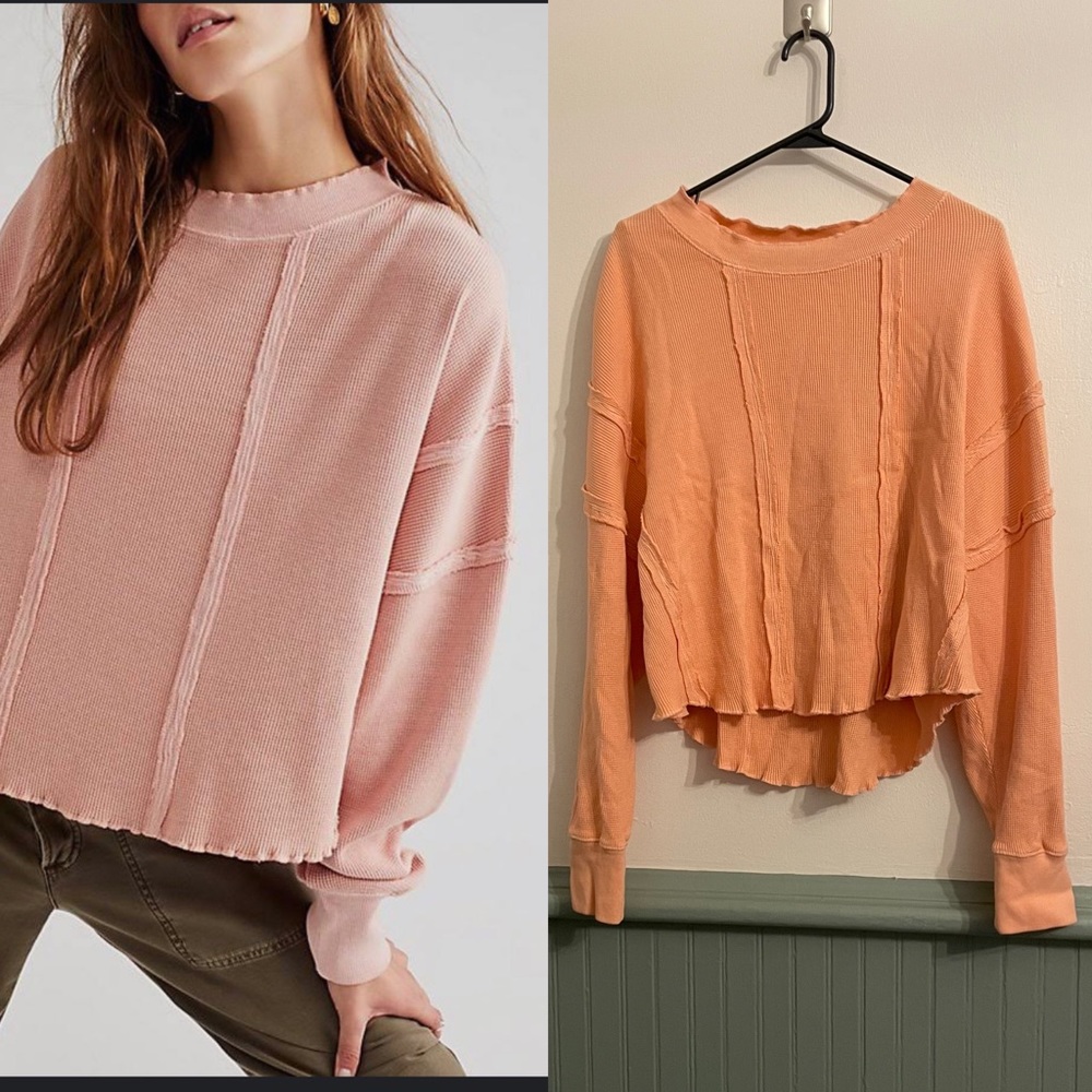 We The Free by free people Ellie Thermal Knit Long Sleeve top sz M peach